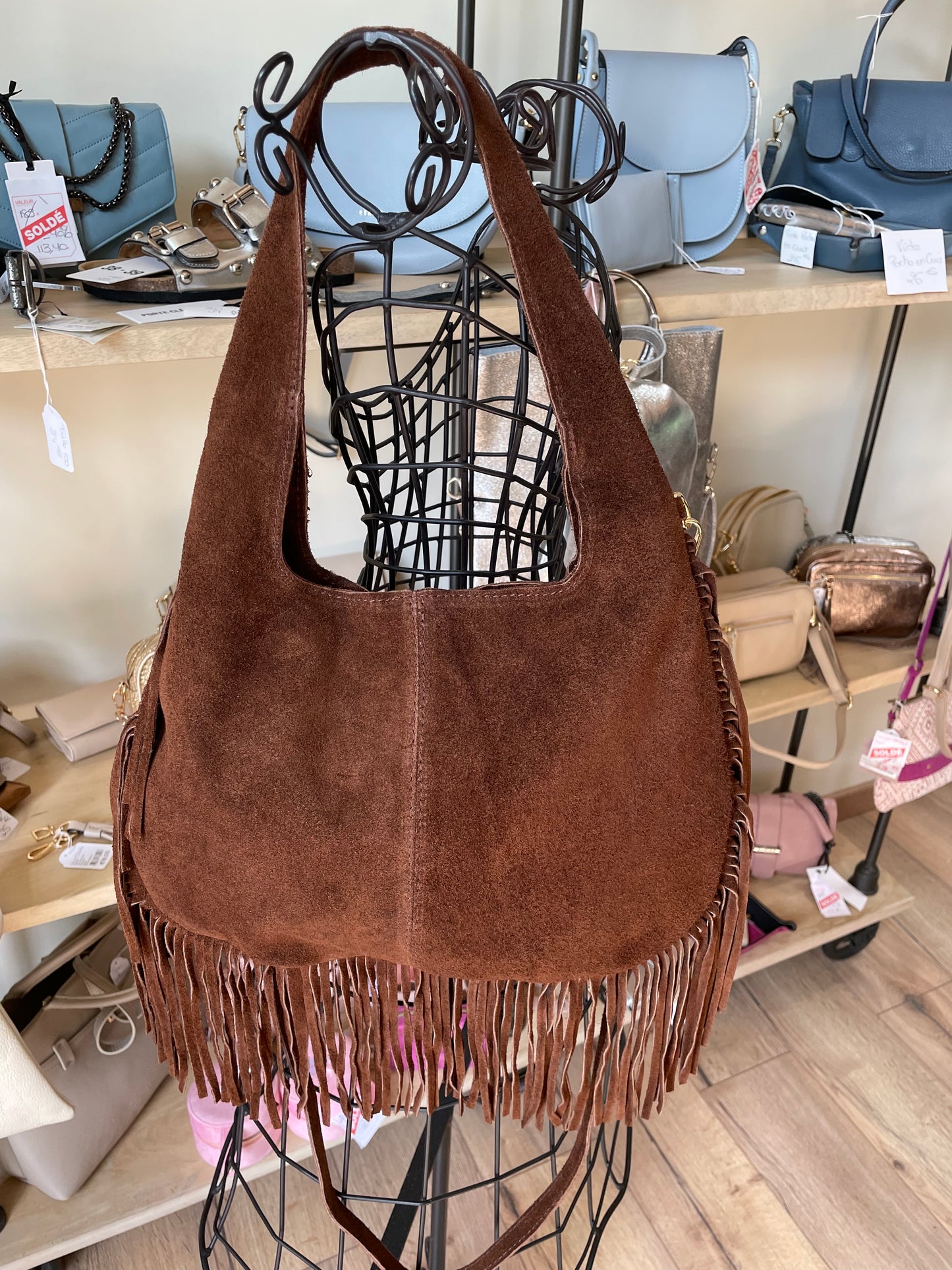 Sac Giulia en cuir suédé chocolat avec franges