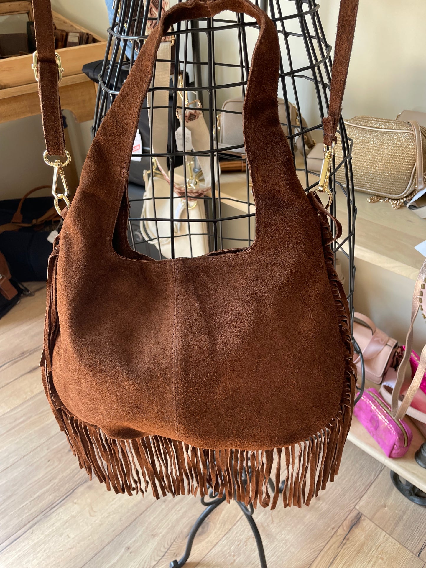 Sac Giulia en cuir suédé chocolat avec franges