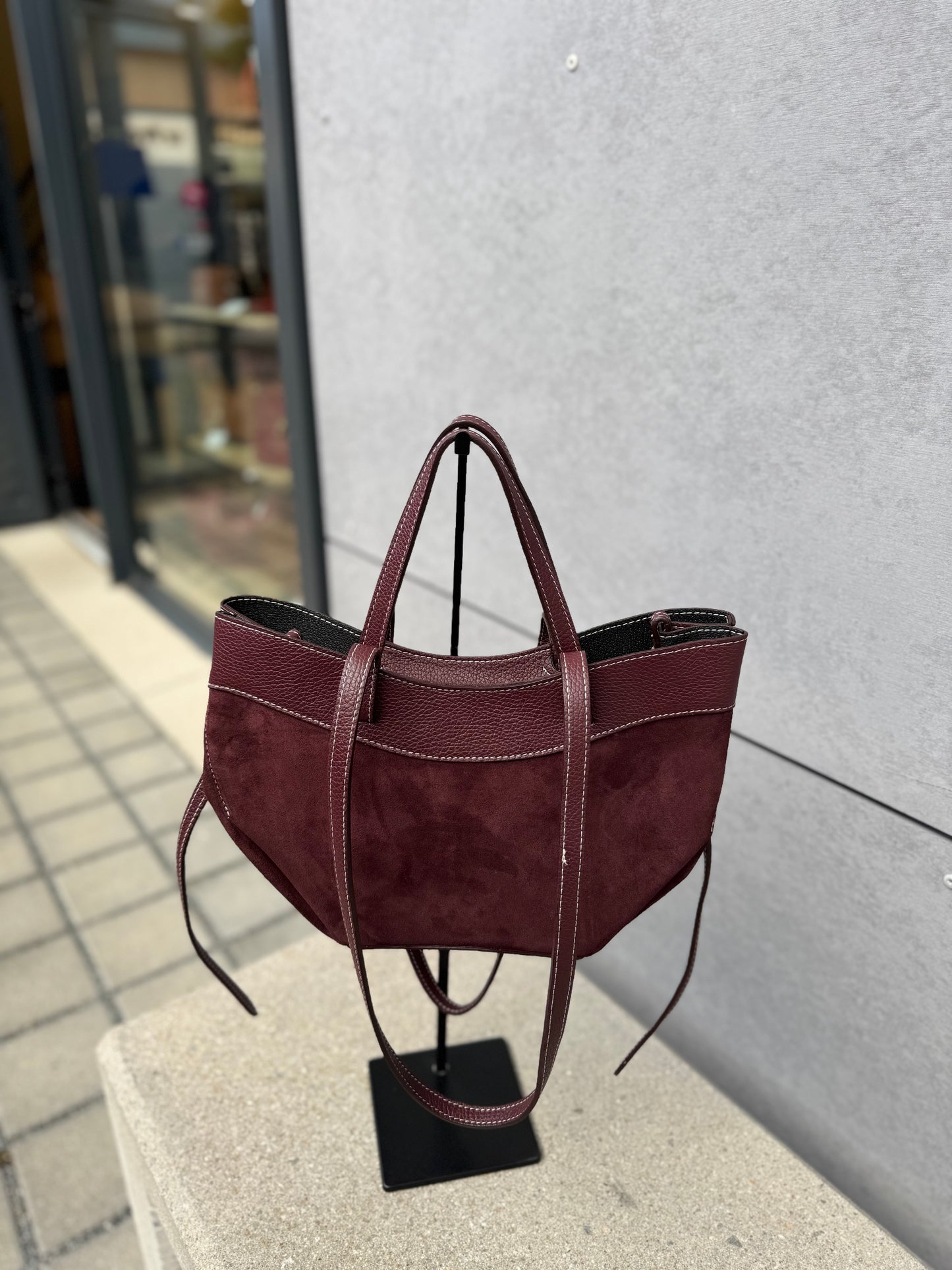 Sac Pauline en daim et cuir grainé coloris burgundy