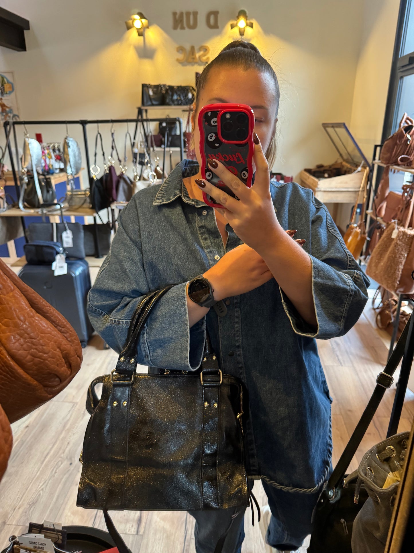 Sac Amandine en cuir irisé noir - moyen