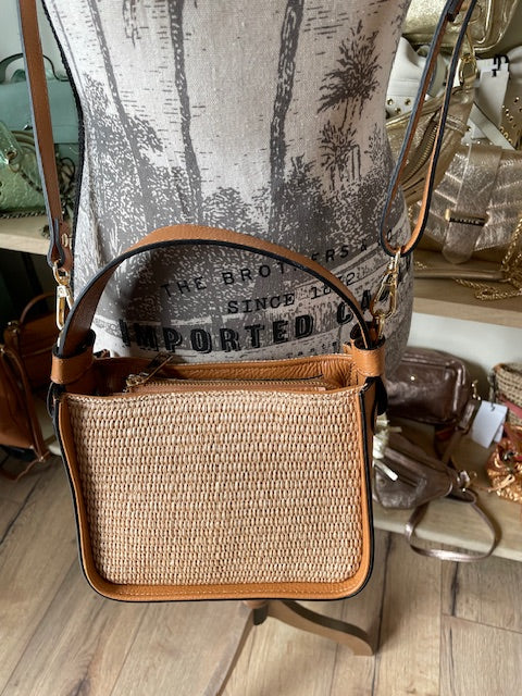 Sac bandoulière en raphia et cuir camel - Eva