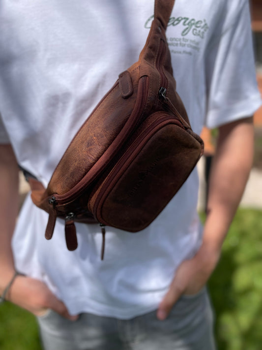 Sac banane Julien en cuir au look vintage marron/rouge (mixte)