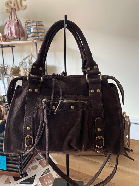 Sac Amandine moyen en cuir suédé (coloris brun foncé)