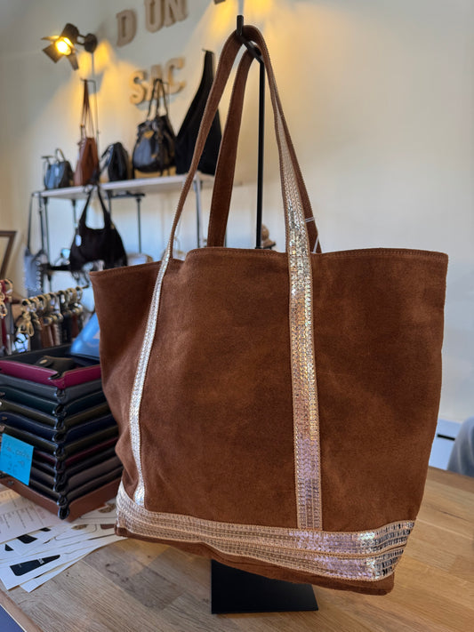 Sac cabas Lila en cuir suédé et strass (coloris cognac)
