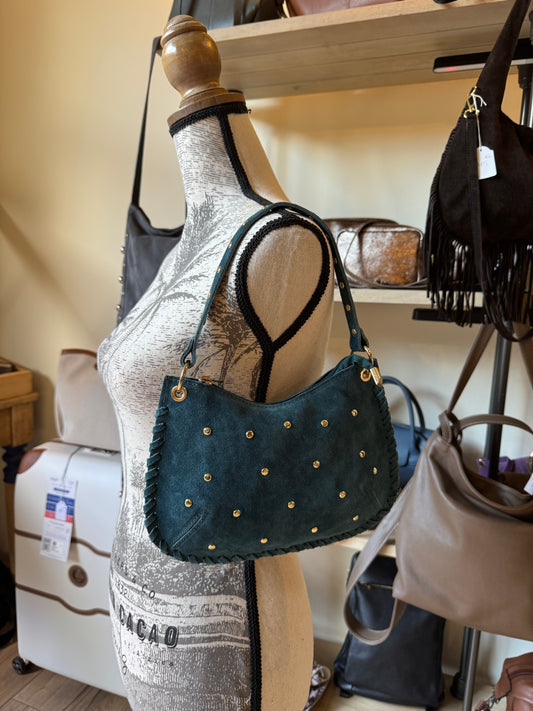 Sac format pochette Claire en daim et rivets (coloris bleu\vert)