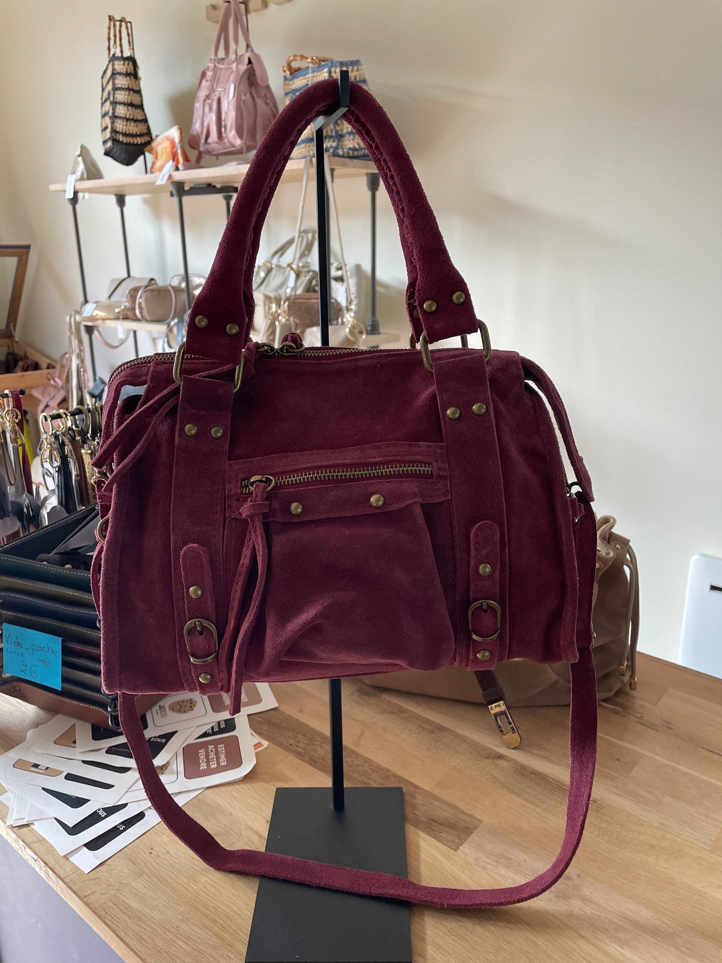 Sac Amandine moyen en cuir suédé (coloris bordeaux)