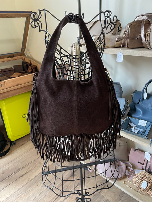 Sac Giulia en cuir suédé et franges (coloris brun foncé)