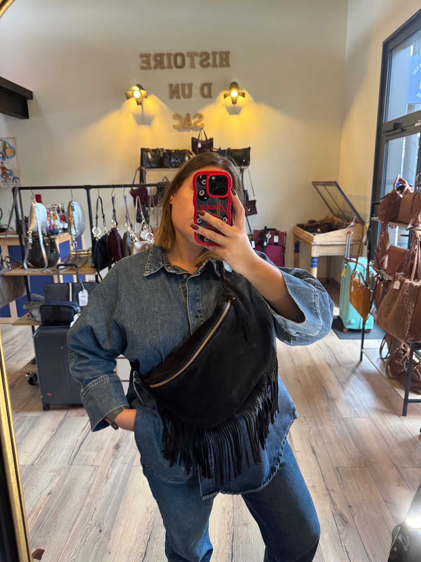 Banane Happy en daim et cuir grainé avec franges coloris noir