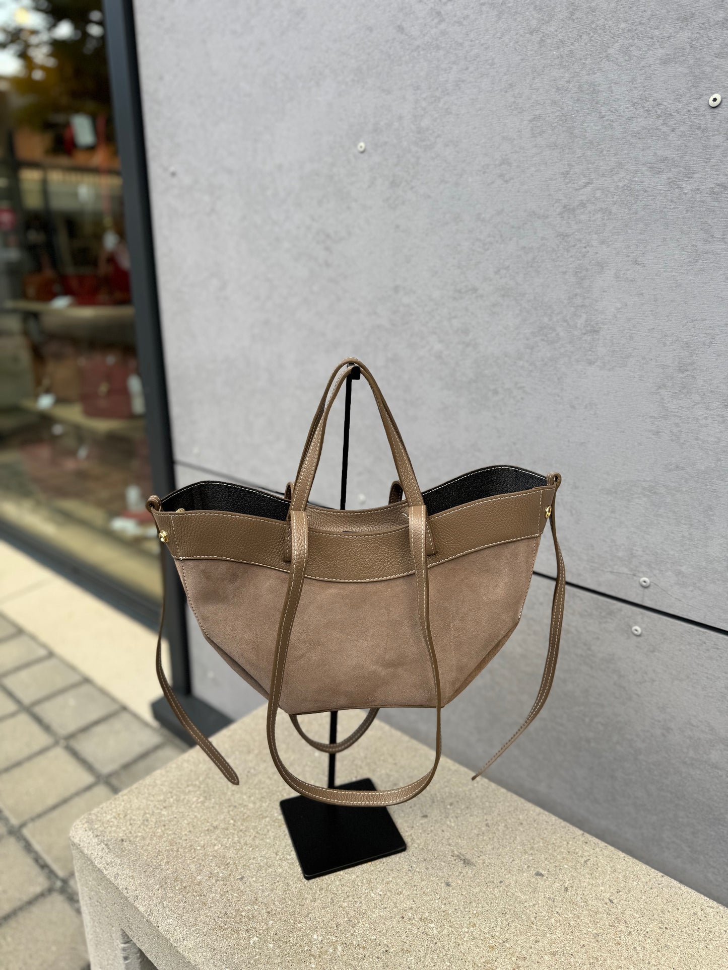 Sac Pauline daim et cuir graine coloris taupe