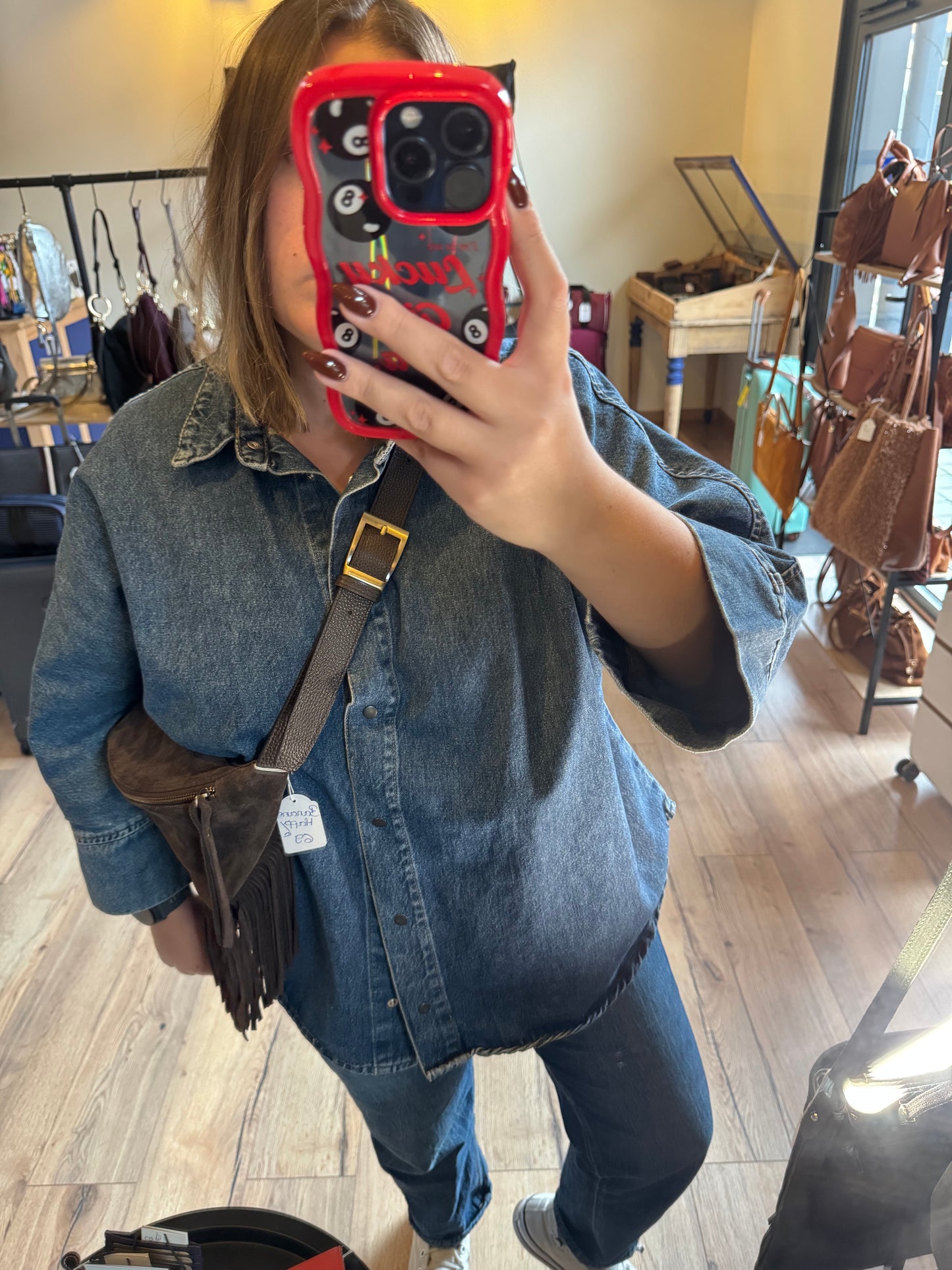 Banane Happy en daim et cuir grainé avec franges coloris Brun