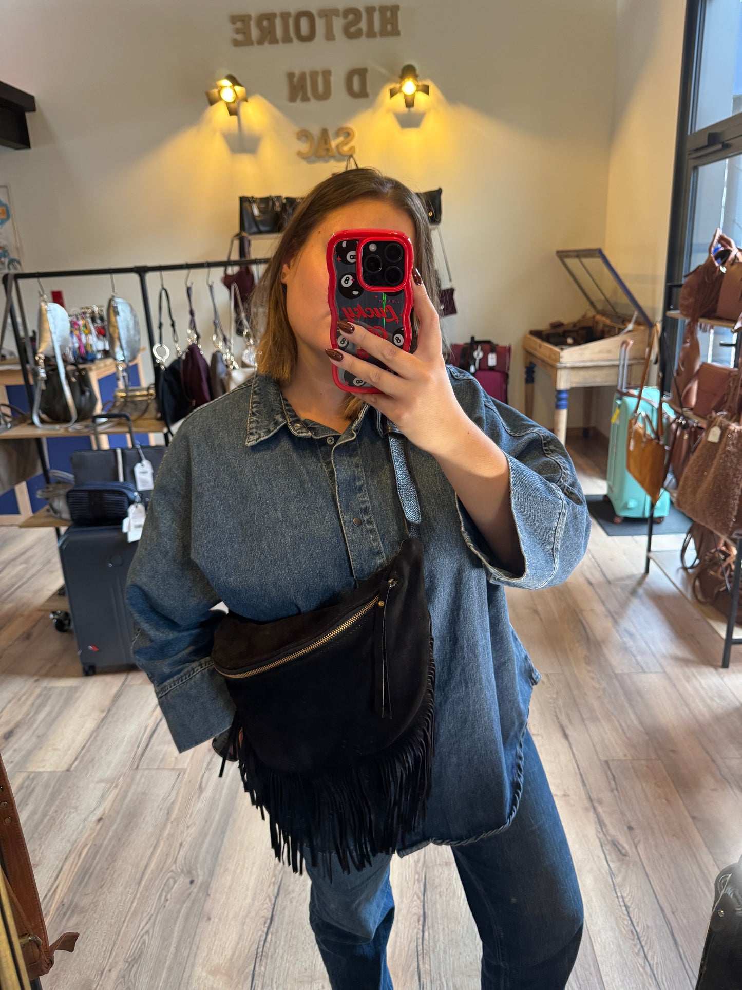 Banane Happy en daim et cuir grainé avec franges coloris noir