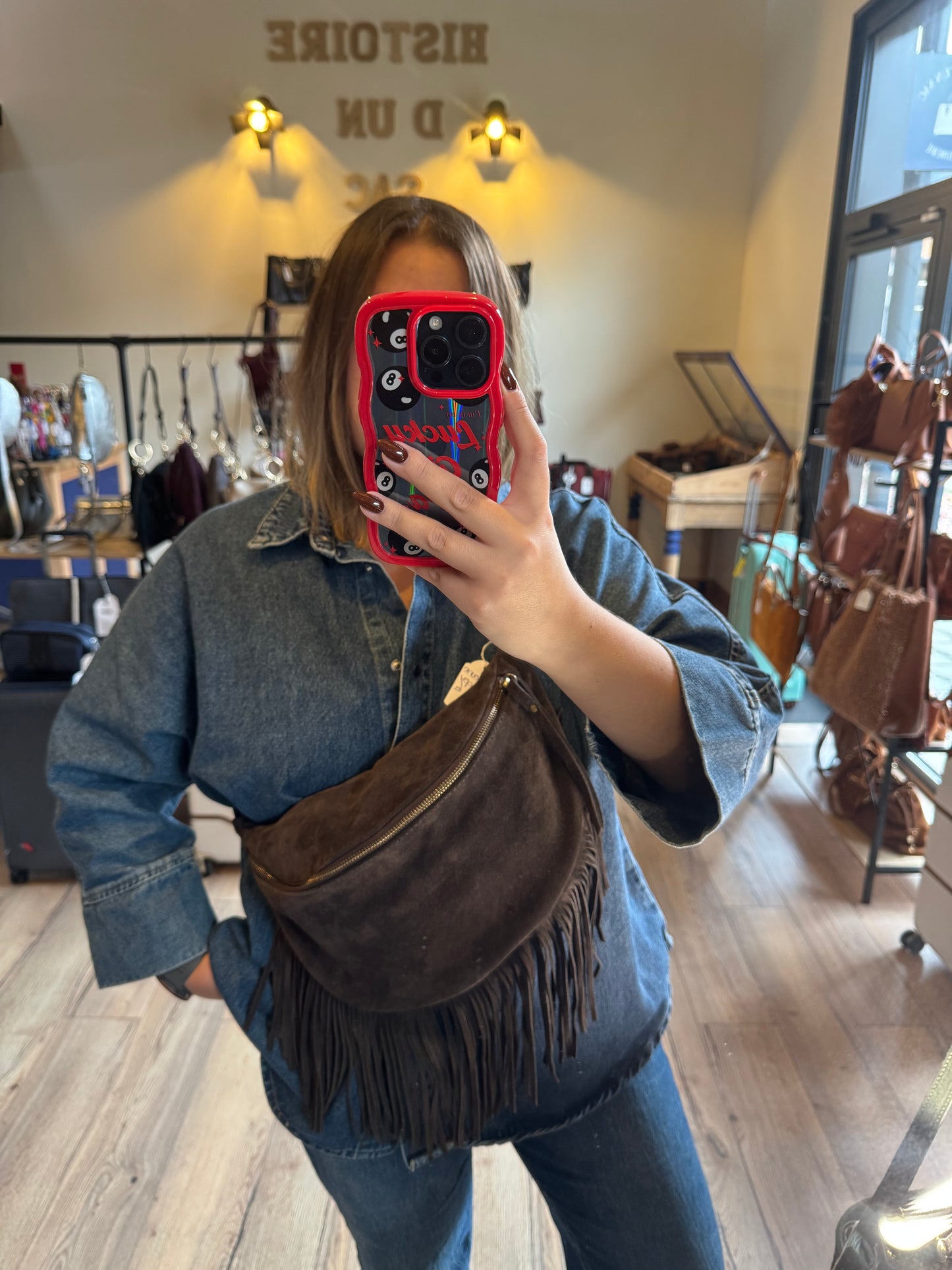 Banane Happy en daim et cuir grainé avec franges coloris Brun