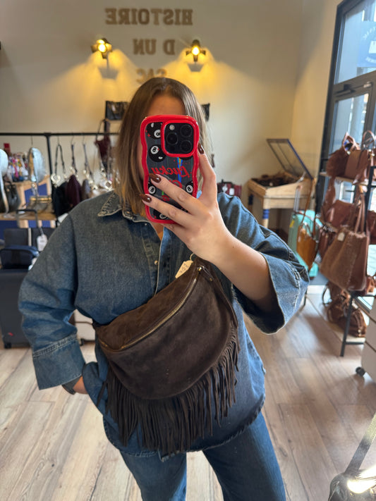 Banane Happy en daim et cuir grainé avec franges coloris Brun