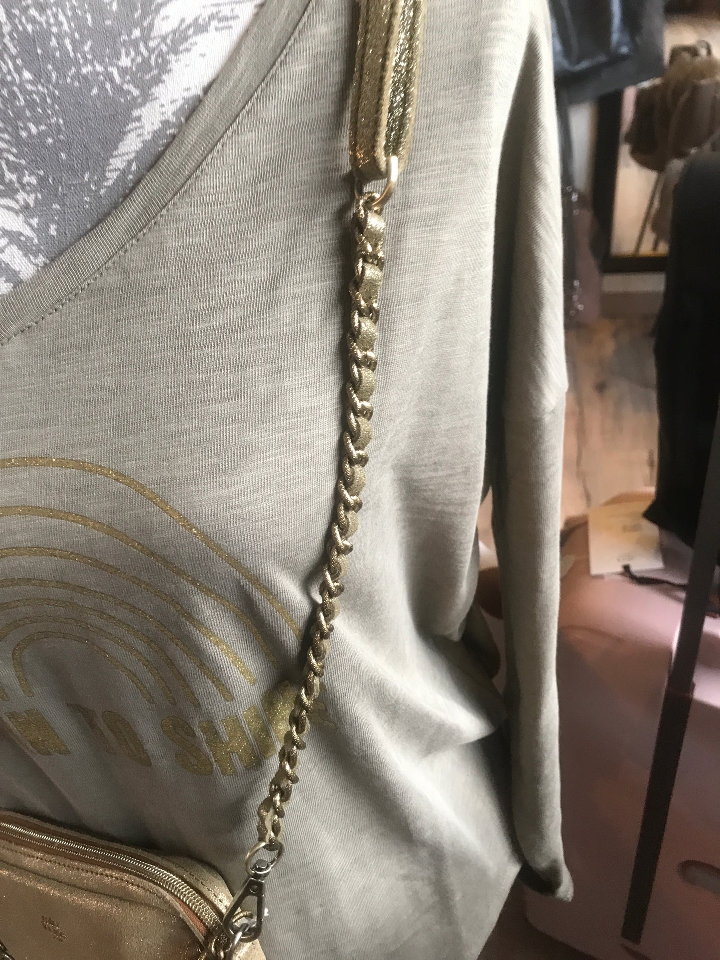 Bandoulière STRAP mi-chaîne mi-cuir irisé coloris kaki - Mila Louise