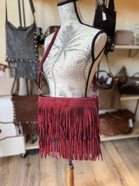 Sac Emma en daim et franges coloris bordeaux