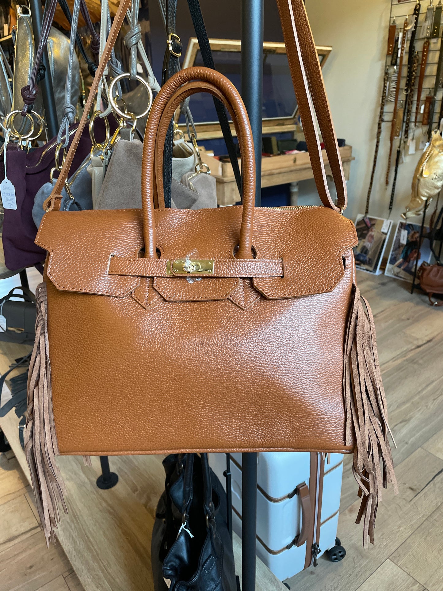 Sac Coline avec franges coloris cognac