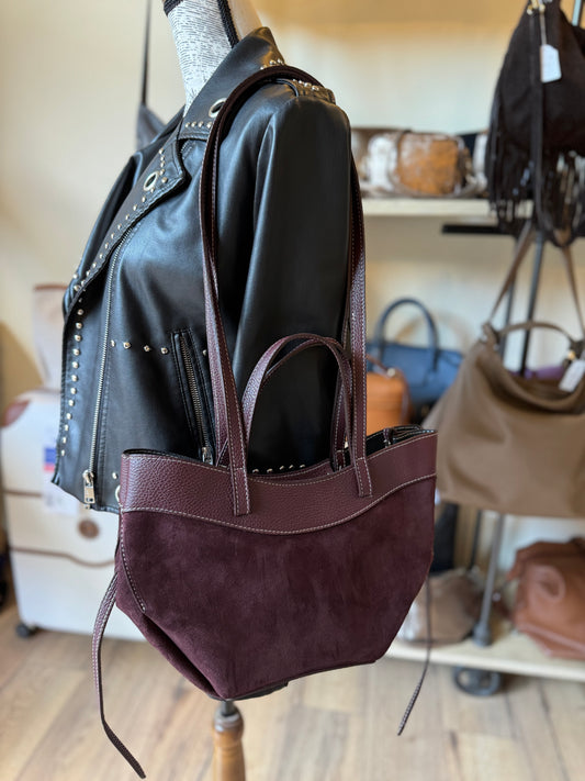 Sac Pauline en daim et cuir grainé coloris burgundy