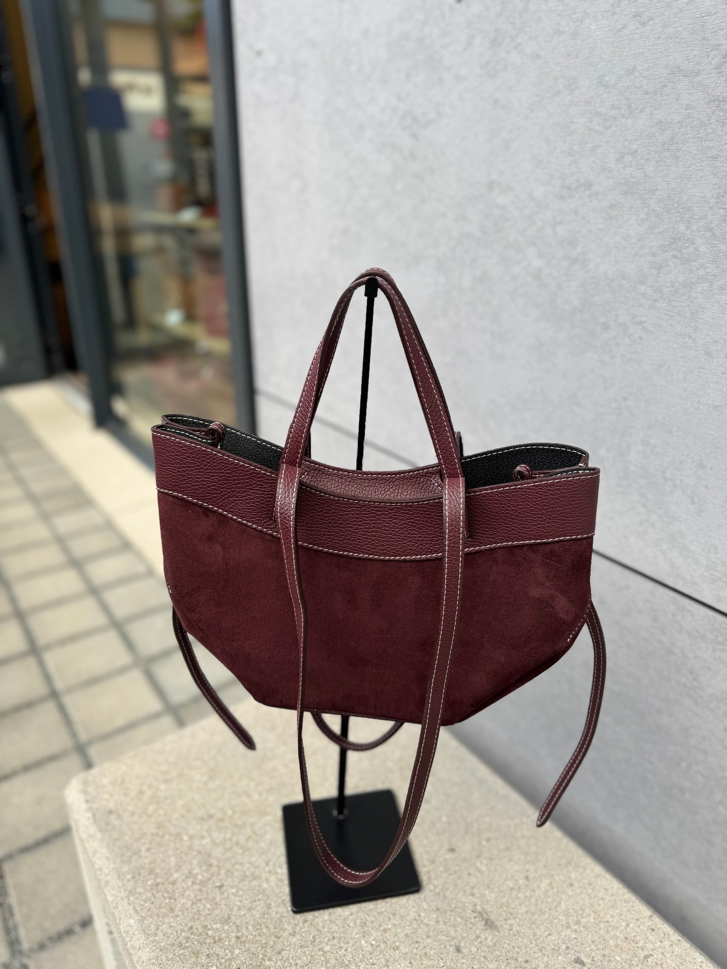Sac Pauline en daim et cuir grainé coloris burgundy