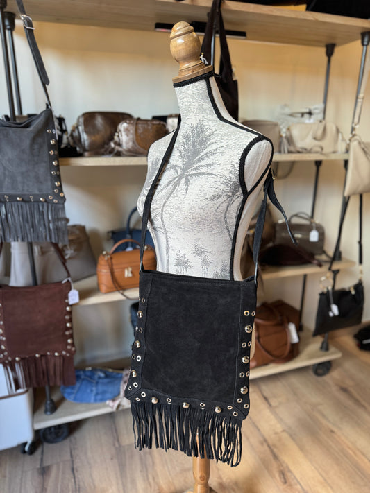 Sac Barbara en cuir suédé avec franges et rivets (coloris noir)