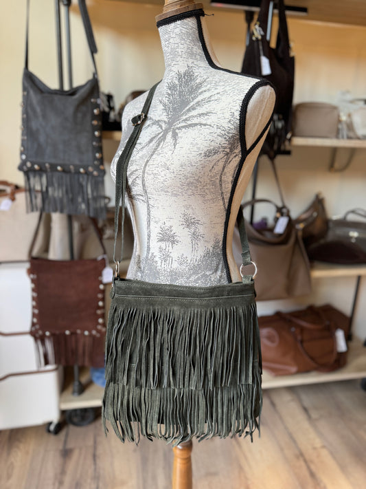 Sac Emma en daim et franges coloris kaki