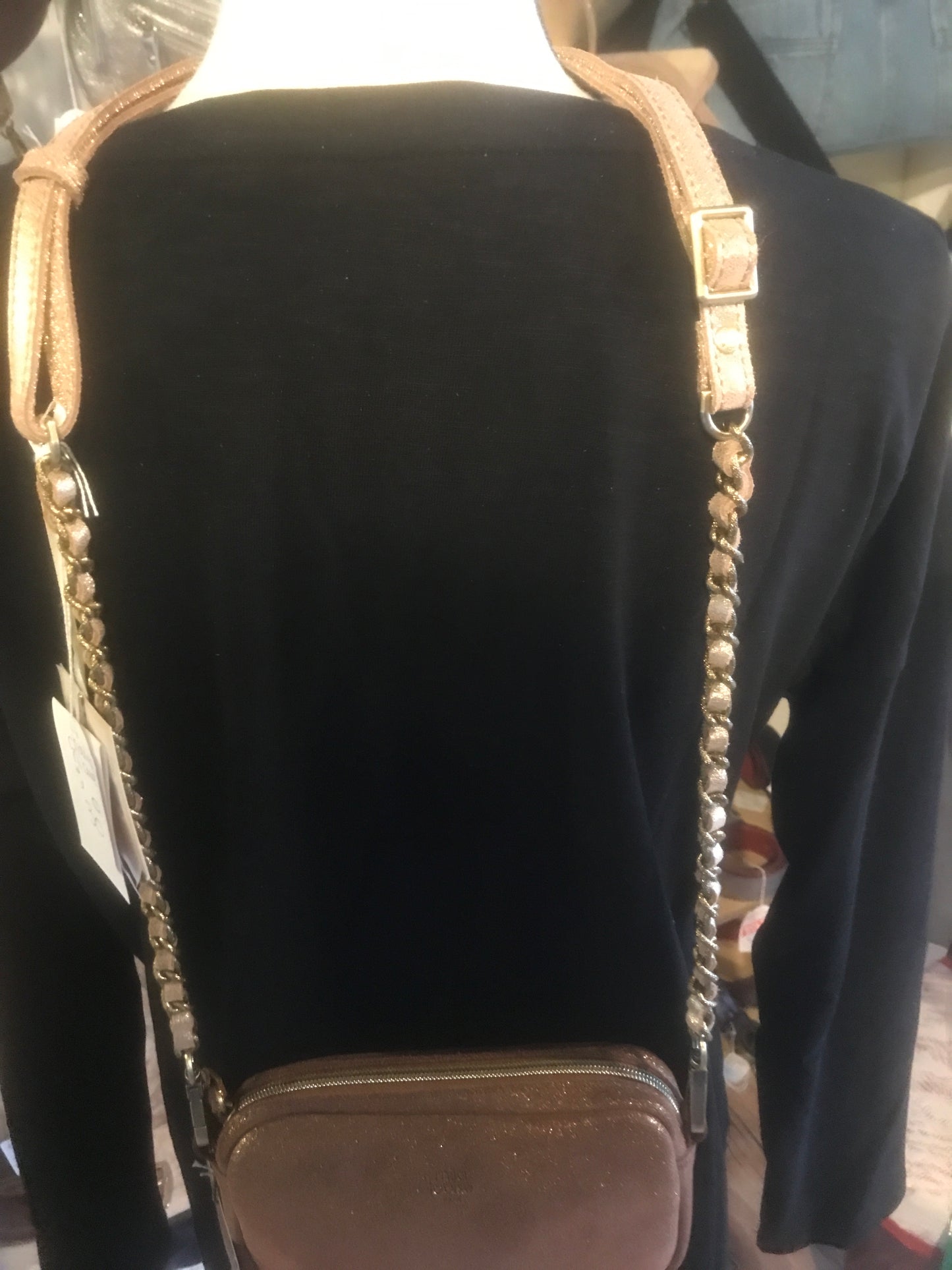 Bandoulière fine STRAP mi-chaine mi-cuir Rose irisé - Mila Louise