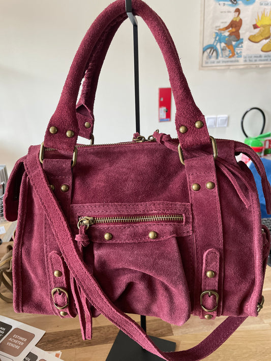 Sac Amandine moyen en cuir suédé (coloris bordeaux)