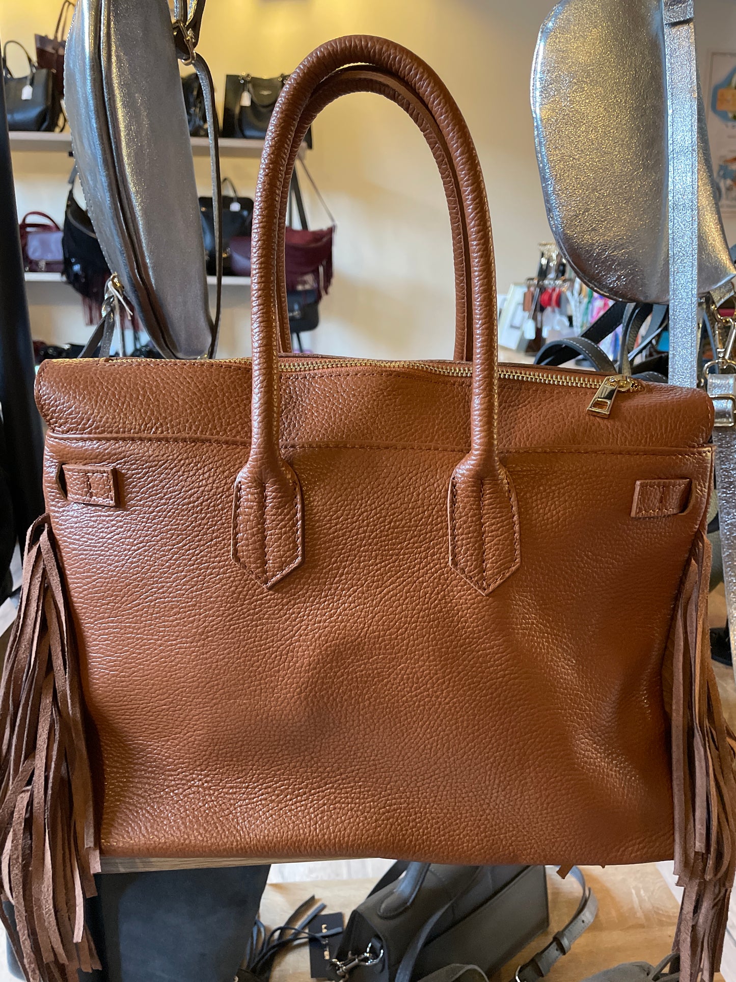 Sac Coline avec franges coloris cognac