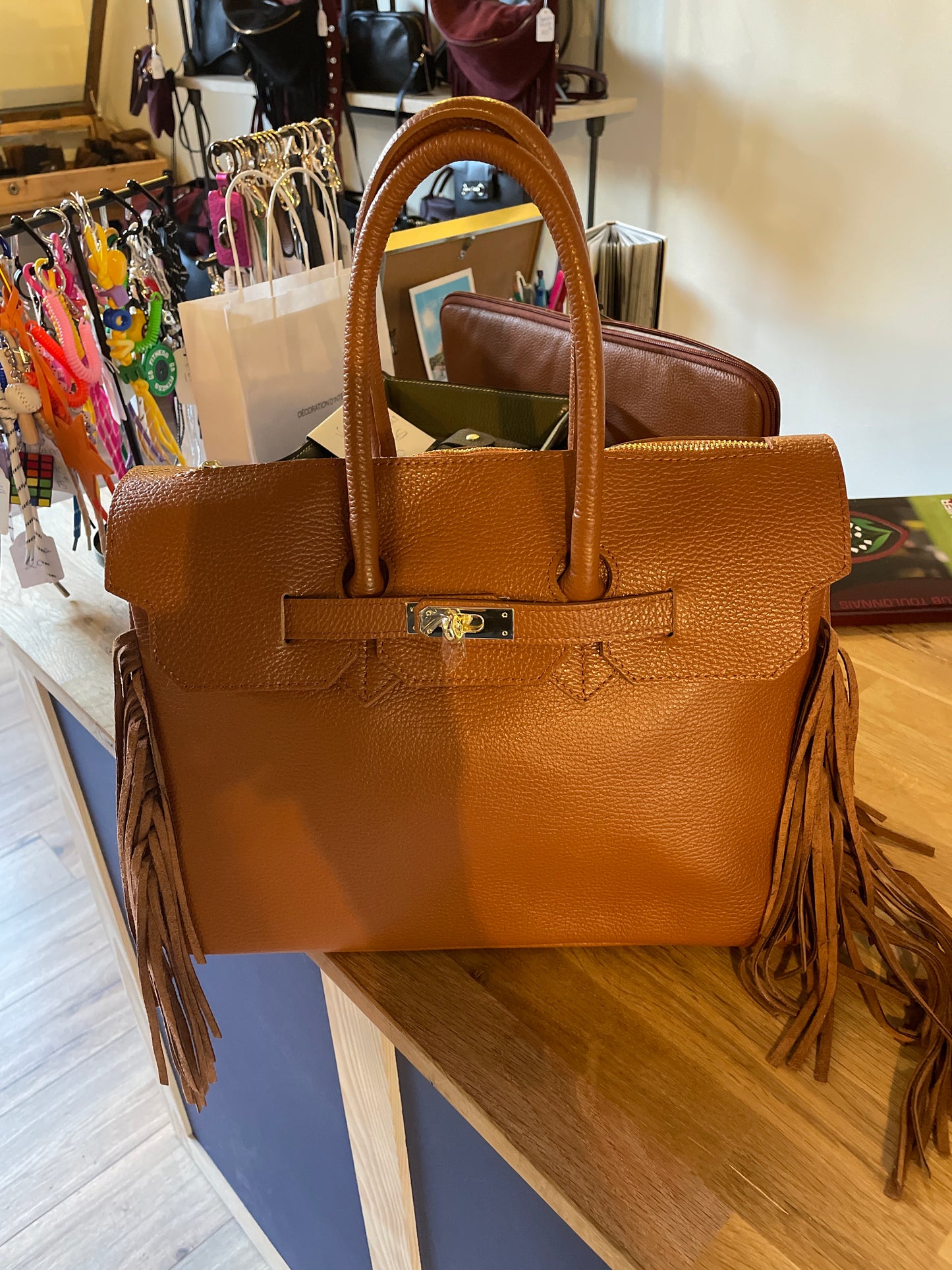 Sac Coline avec franges coloris cognac