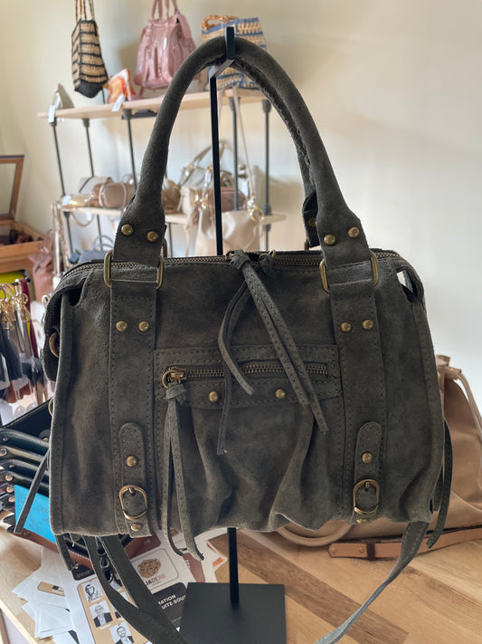 Sac Amandine moyen en cuir suédé (coloris kaki)