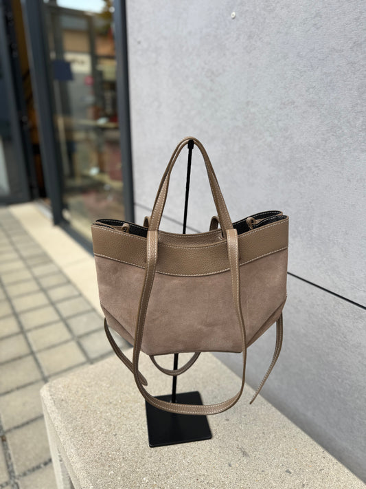 Sac Pauline daim et cuir graine coloris taupe