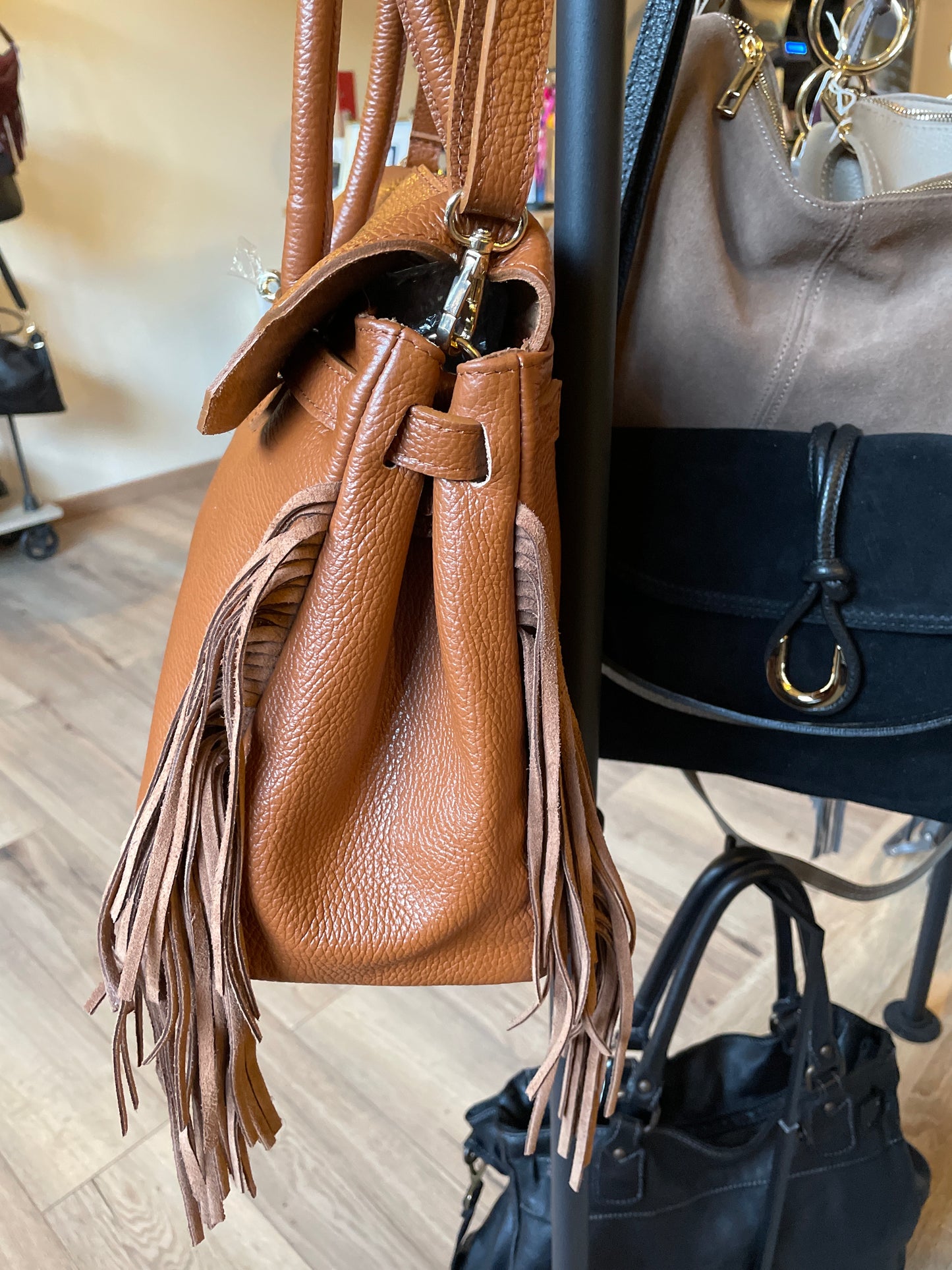 Sac Coline avec franges coloris cognac