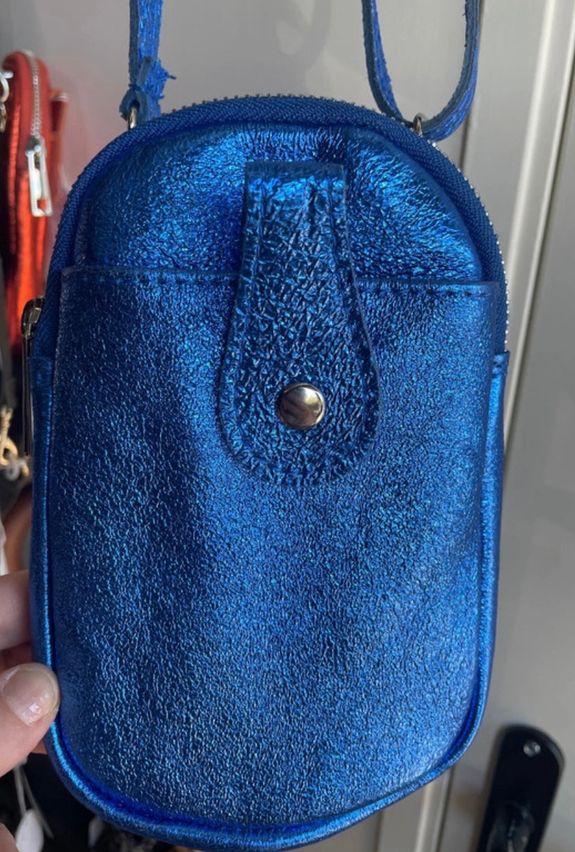 Porte téléphone en cuir irisé bleu dur