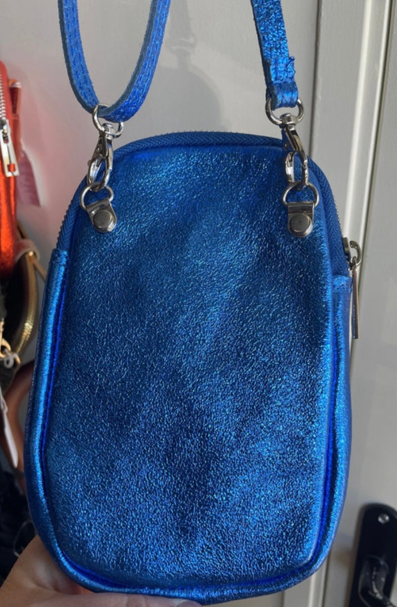 Porte téléphone en cuir irisé bleu dur