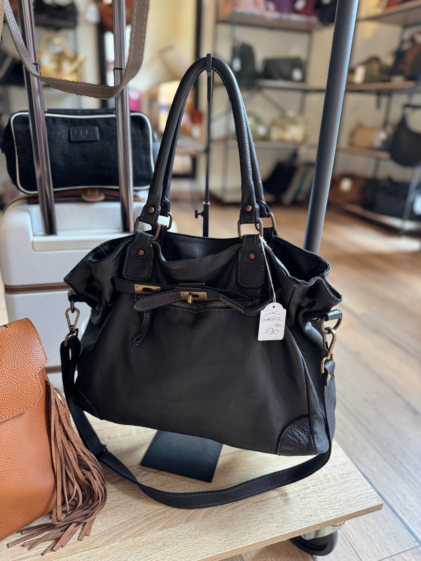Sac shopping en cuir noir Grace