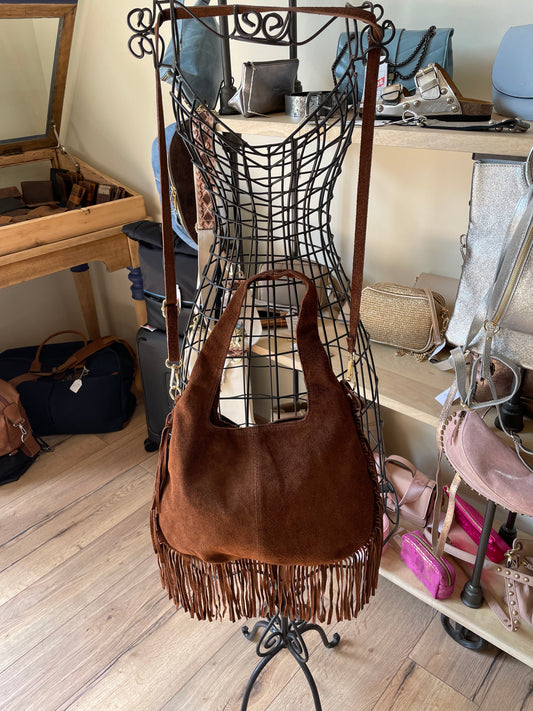 Sac Giulia en cuir suédé chocolat avec franges