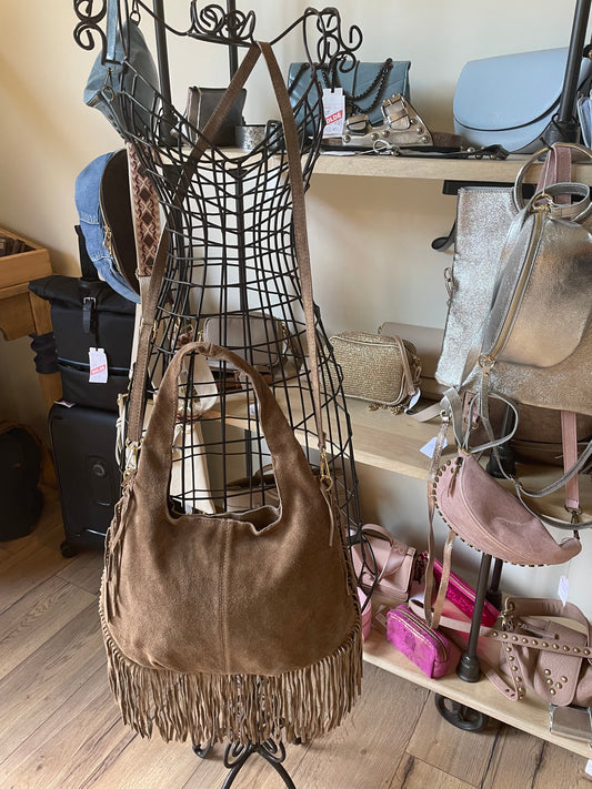 Sac Giulia en cuir suédé taupe et franges