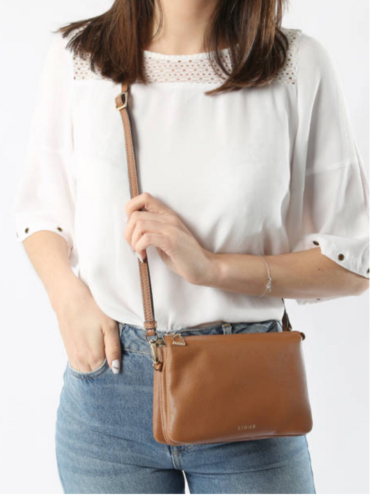 Sac bandoulière en cuir grainé Camel (3 compartiments )- Etrier