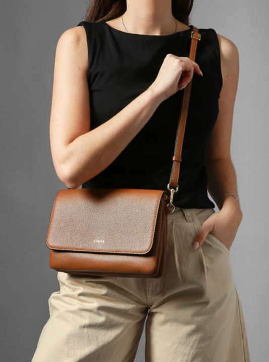 Sac bandoulière en cuir grainé Camel - Etrier