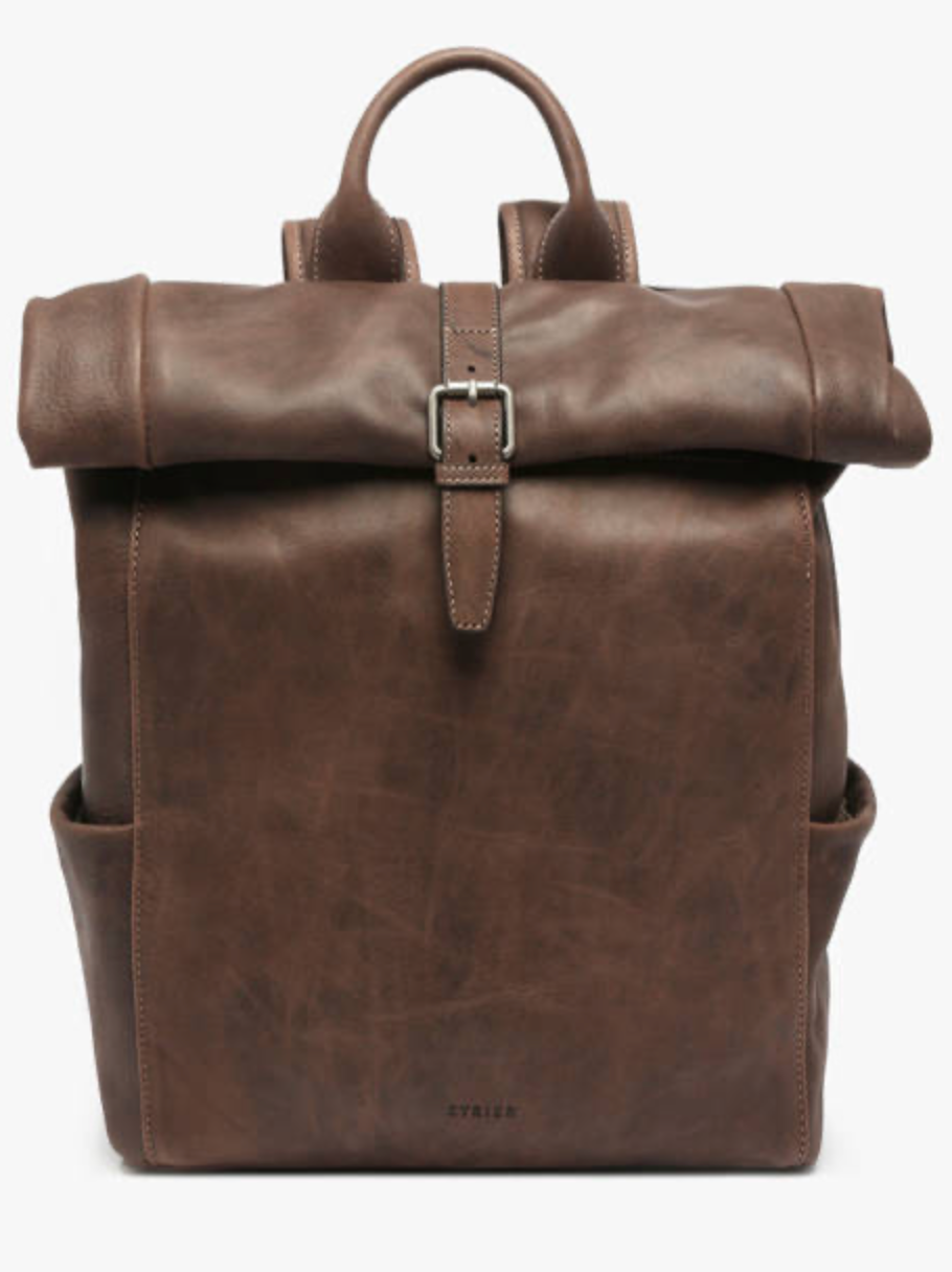 Sac à dos roulé en cuir ligne SPIDER coloris marron foncé - Etrier