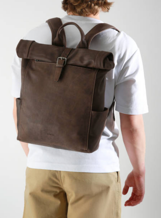 Sac à dos roulé en cuir ligne SPIDER coloris marron foncé - Etrier