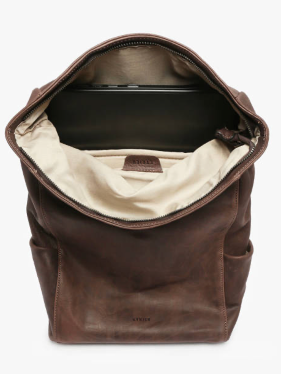 Sac à dos roulé en cuir ligne SPIDER coloris marron foncé - Etrier