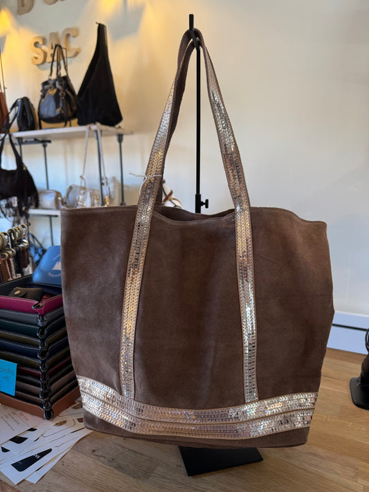 Sac cabas Lila en cuir suédé avec strass (coloris taupe)