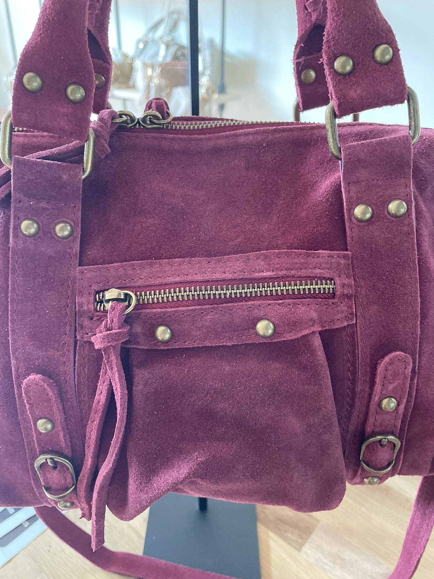 Sac Amandine moyen en cuir suédé (coloris bordeaux)