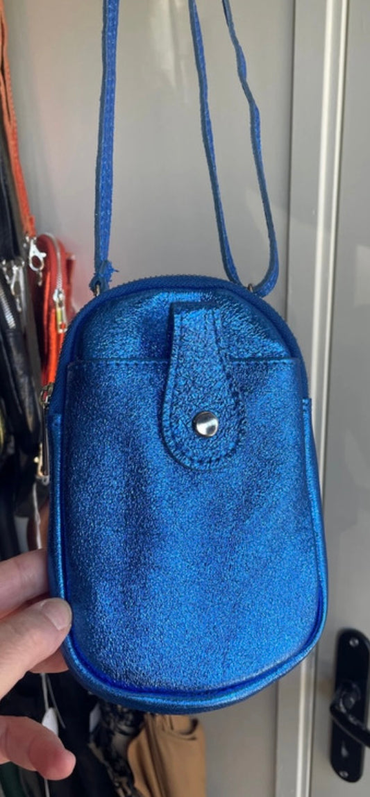 Porte téléphone en cuir irisé bleu dur