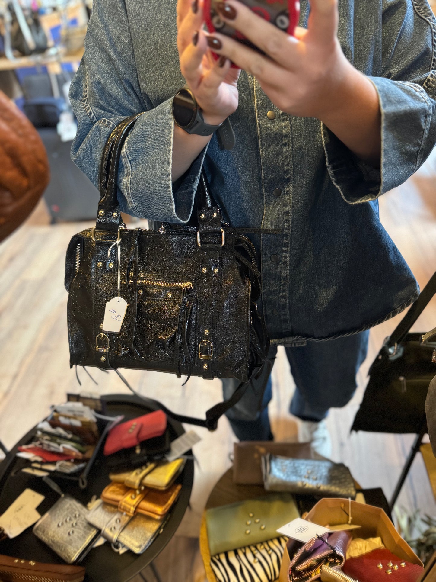 Sac Amandine en cuir irisé noir - moyen