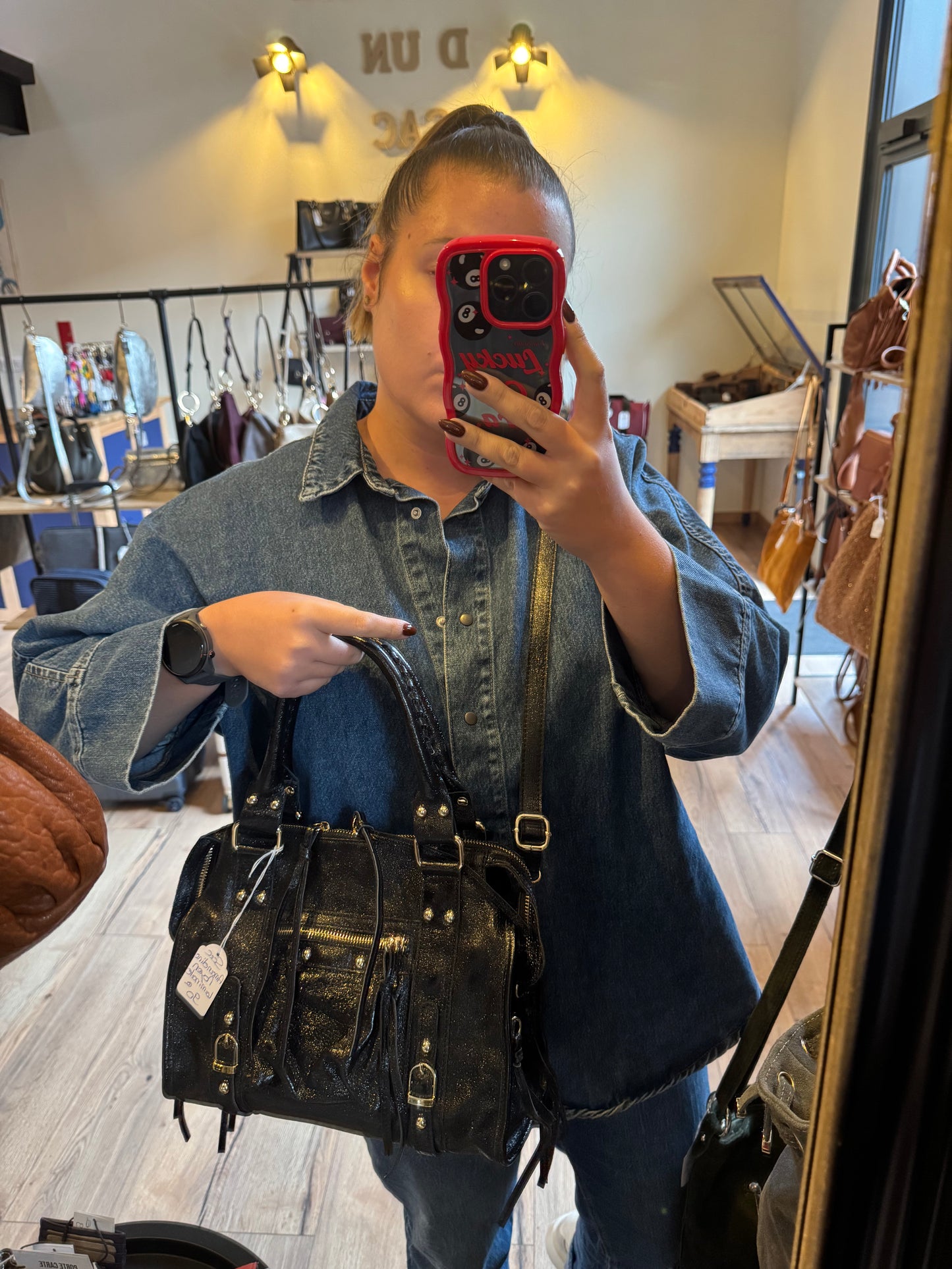 Sac Amandine en cuir irisé noir - moyen