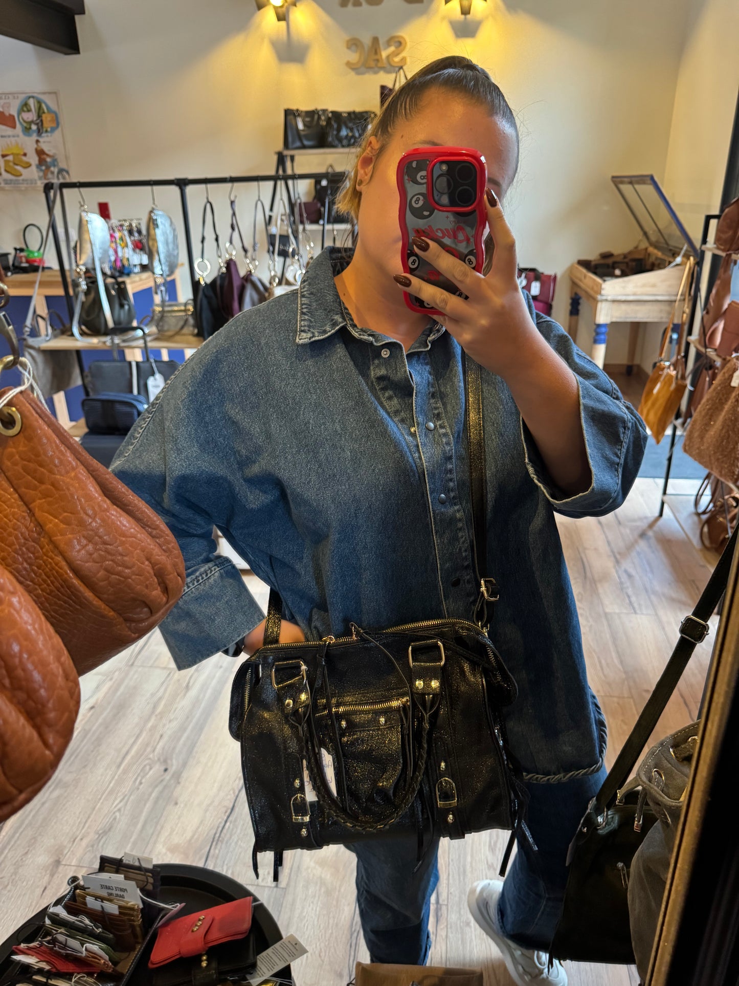 Sac Amandine en cuir irisé noir - moyen