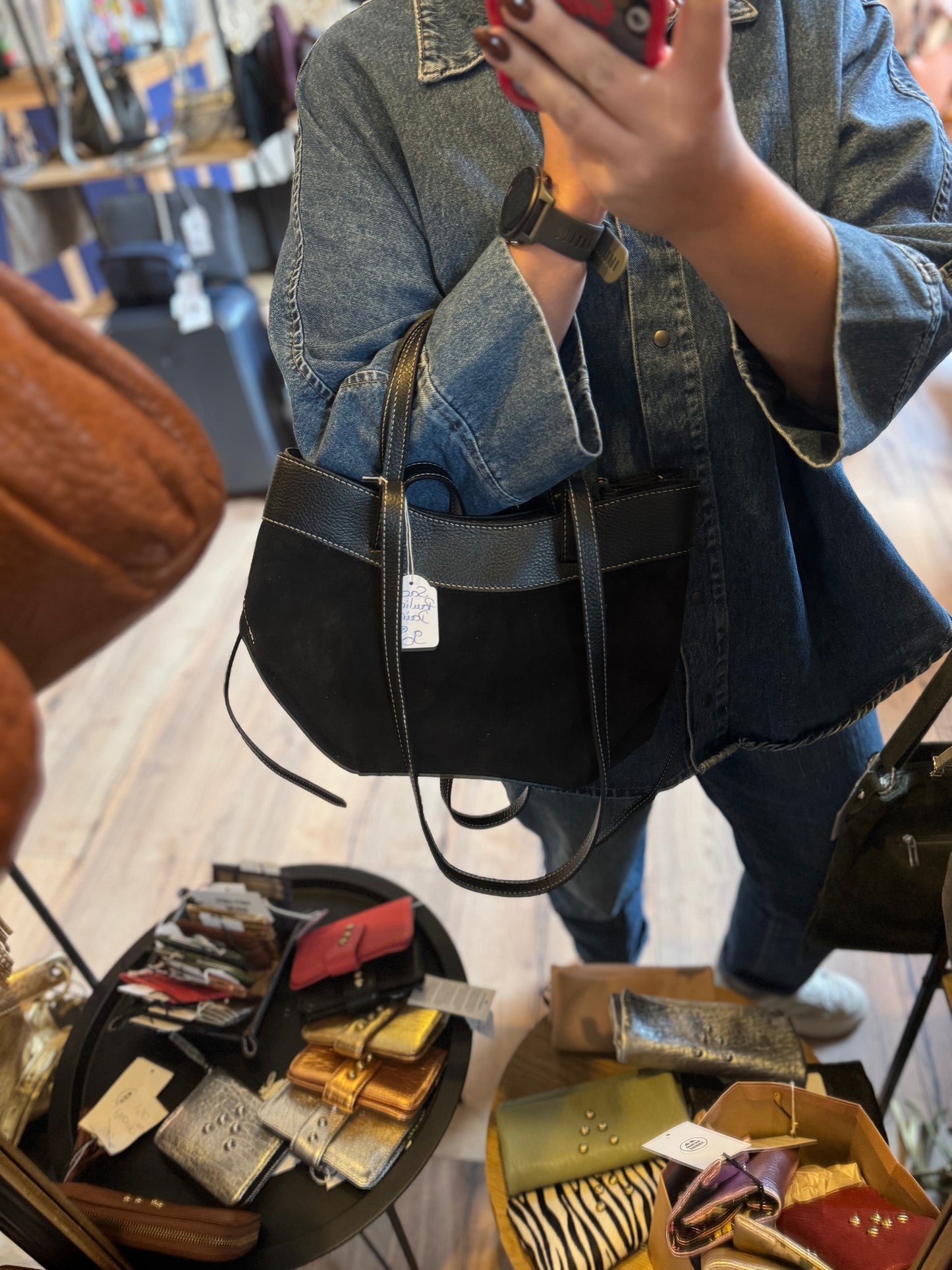 Sac Pauline en daim et cuir grainé coloris noir