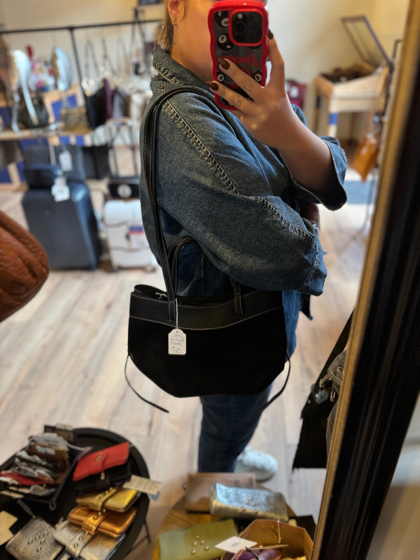 Sac Pauline en daim et cuir grainé coloris noir