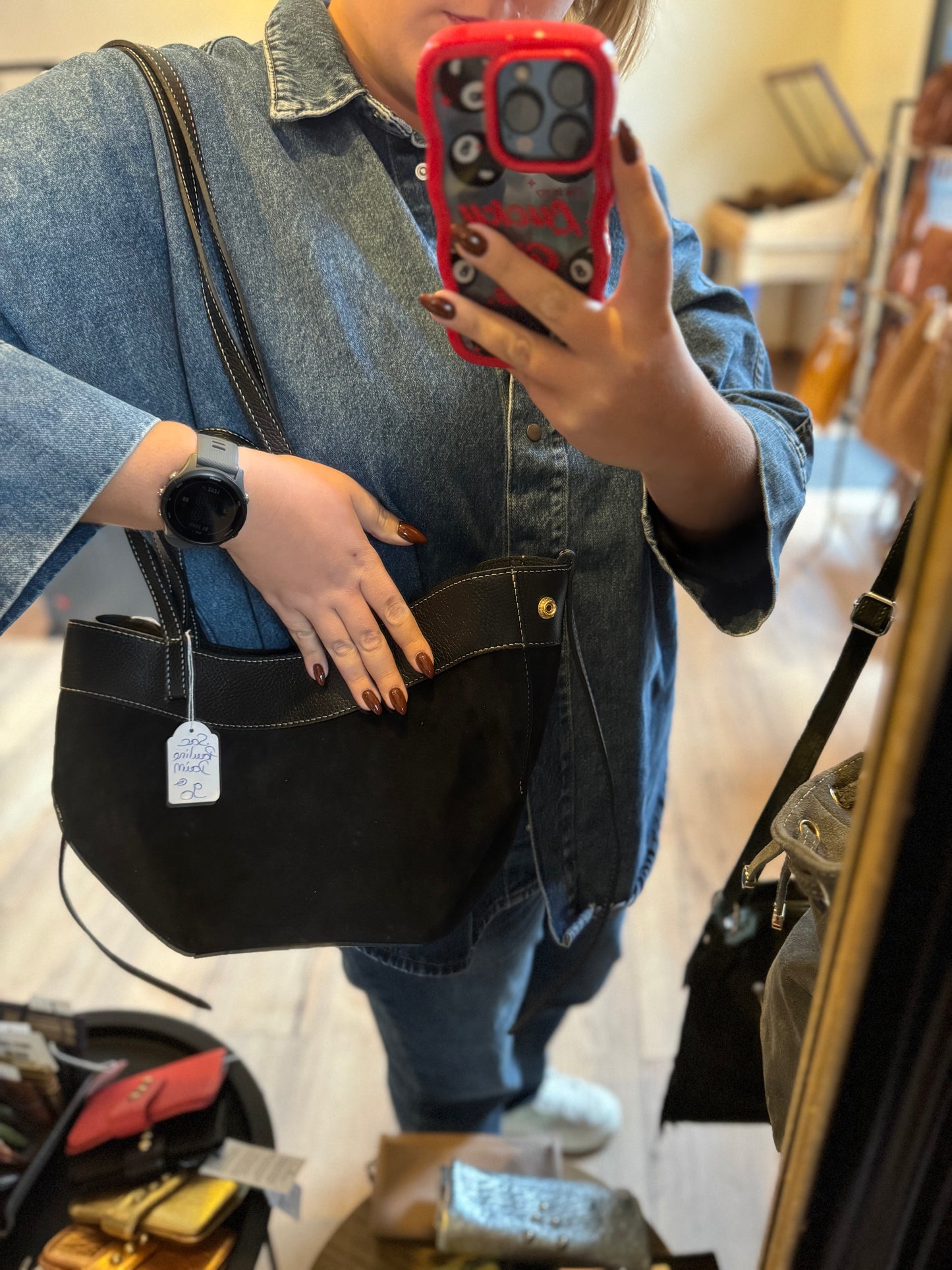 Sac Pauline en daim et cuir grainé coloris noir